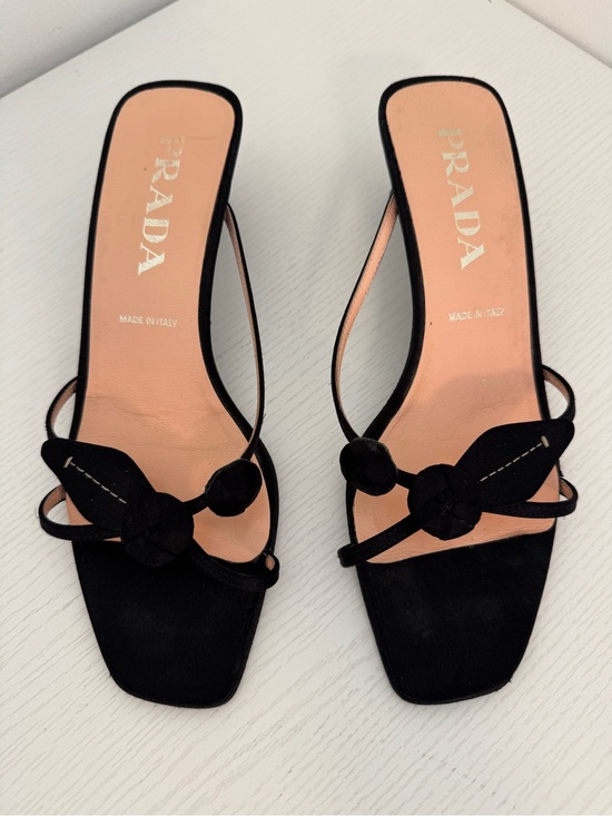 Prada Shoes - PRADA Vintage Black Silk Rosebud Flower Square Toe Sandal Kitten Heels EU 37